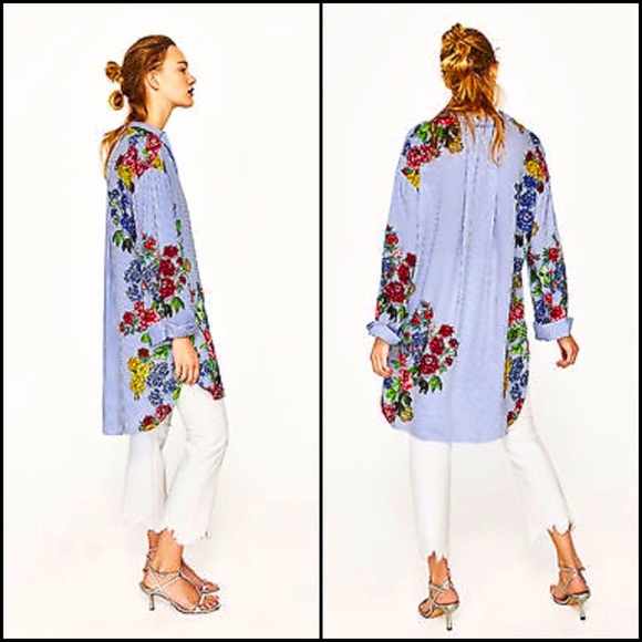 Zara Woman Pinstripe Floral Print Button Down Tunic Shirt Top - Picture 9 of 12